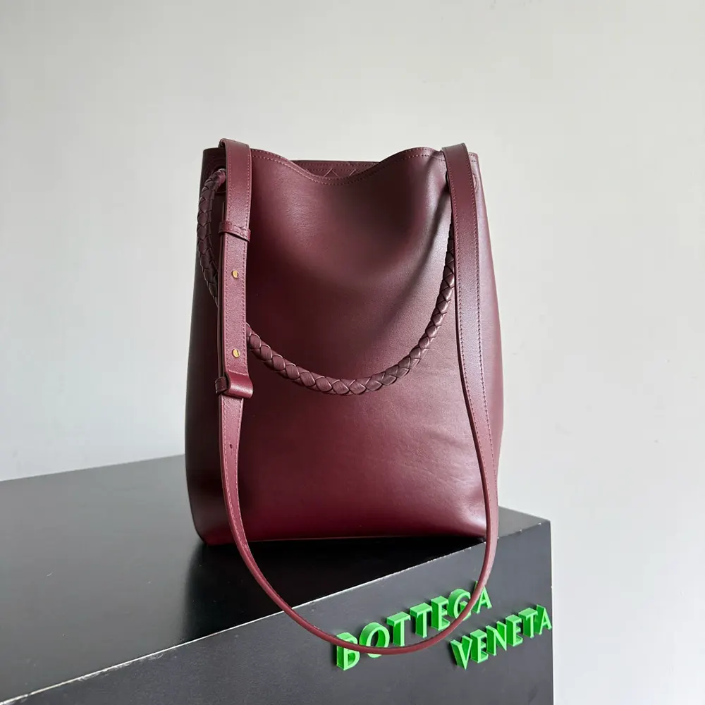 Side profile showing polished hardware on Bottega Veneta Women Andiamo Bucket