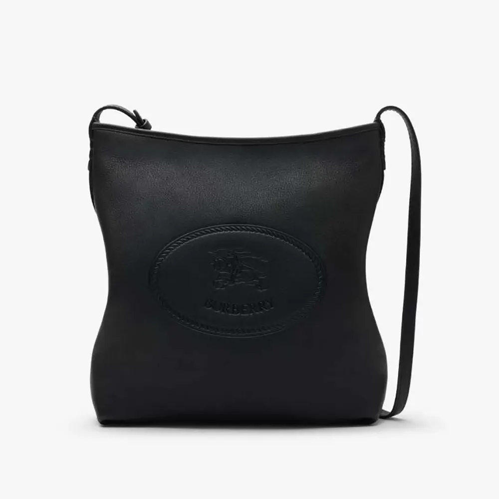 Front view of Burberry Unisex Small Highlands Shoulder Bag-Black with zipper closed