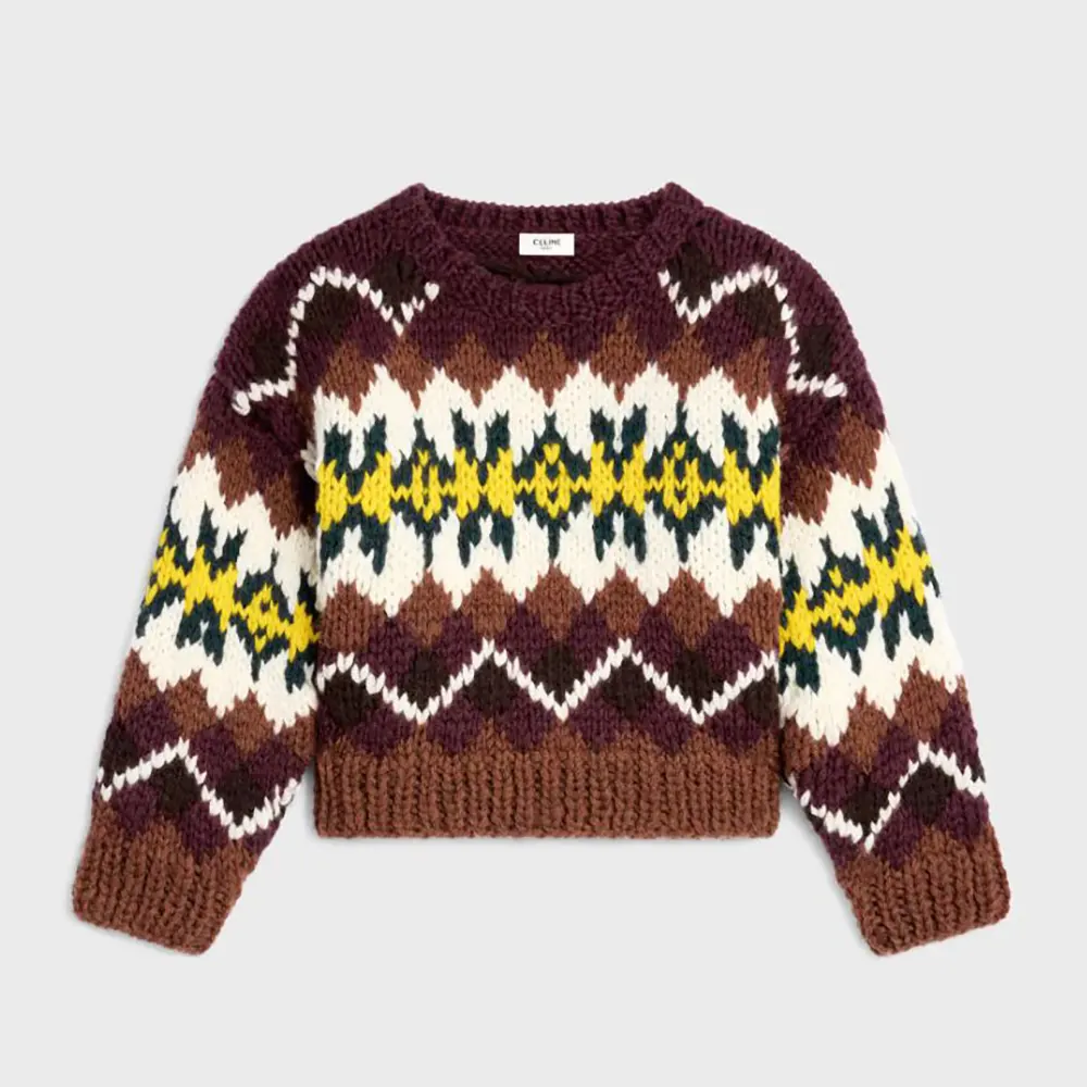 Front view of Celine Women Crewneck Sweater In Fair Isle Wool brown