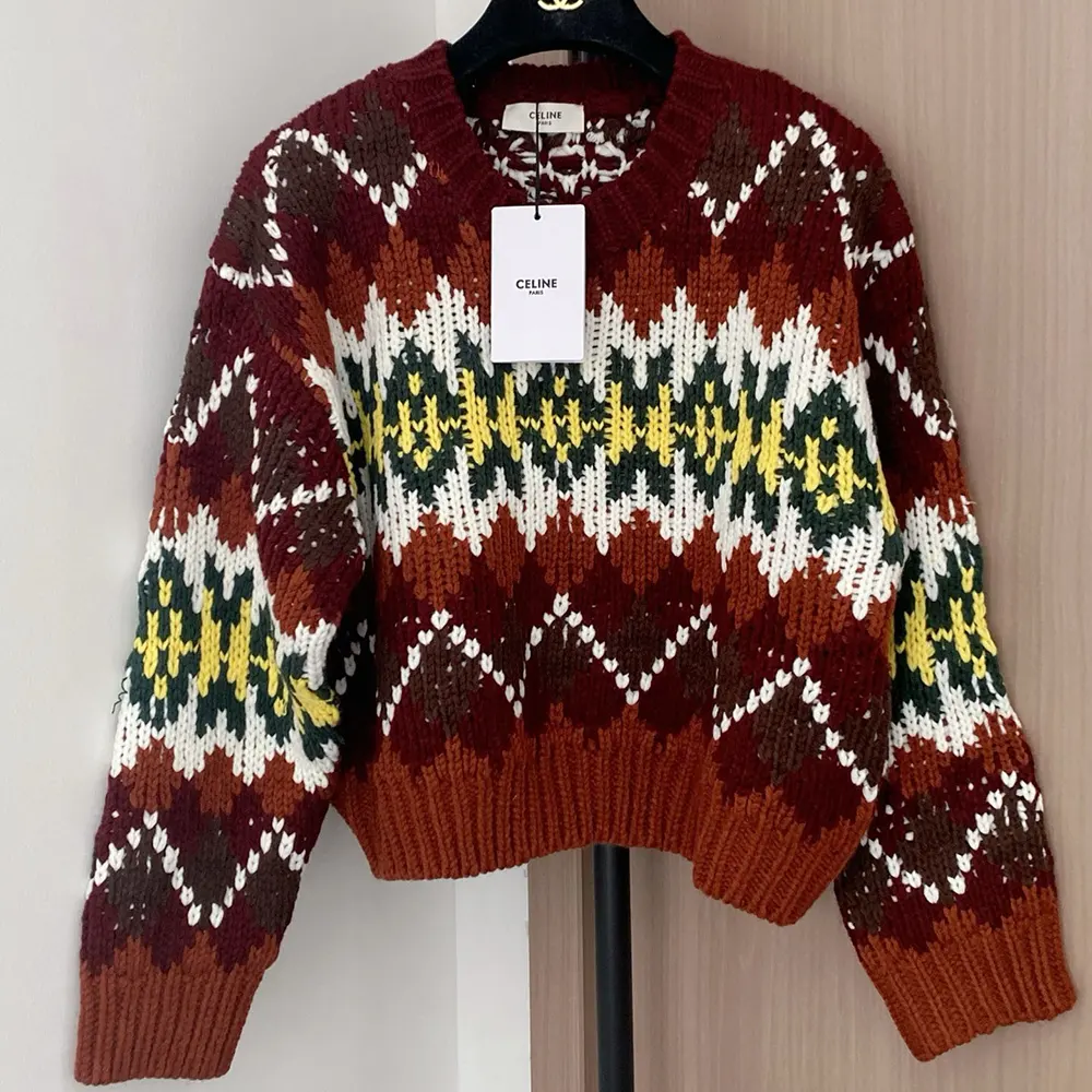 Close-up detail of Fair Isle pattern on Celine crewneck sweater