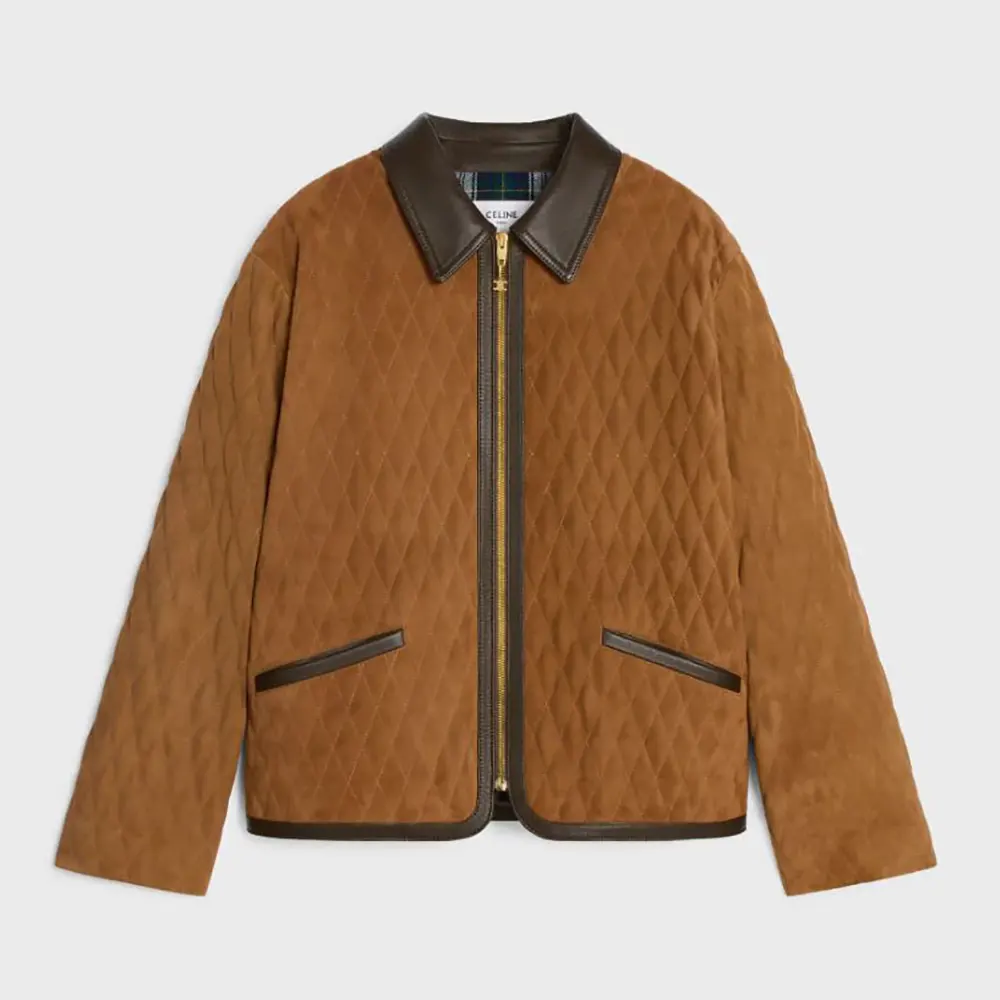 Front view of Celine Women Quilted Jacket In Suede-Brown with snap closure