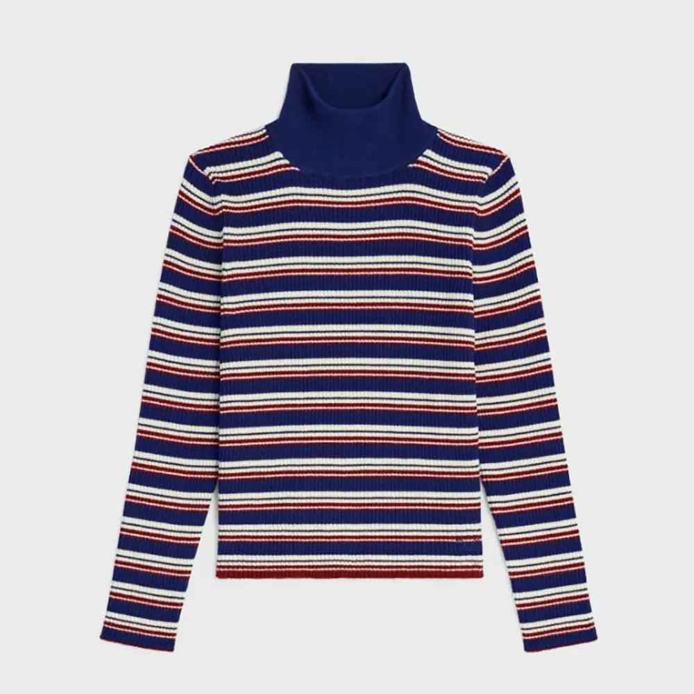 Front view of Celine Women Turtleneck Sweater In Striped Ribbed Wool navy