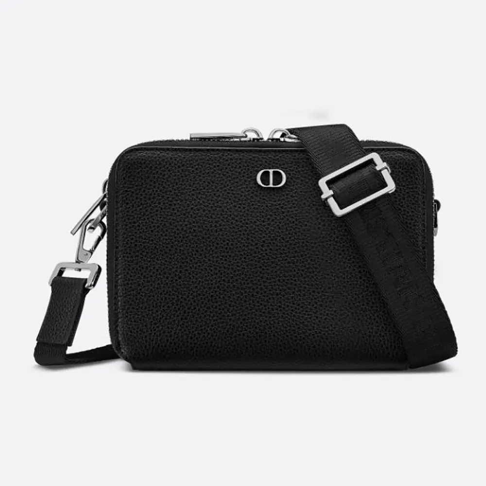 Front view of Dior Men CD Icon Zipped Pouch with Strap in black calfskin