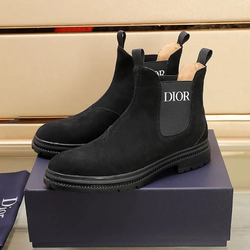 Side profile of Dior Men D-Town Ankle Boot Black Suede Calfskin