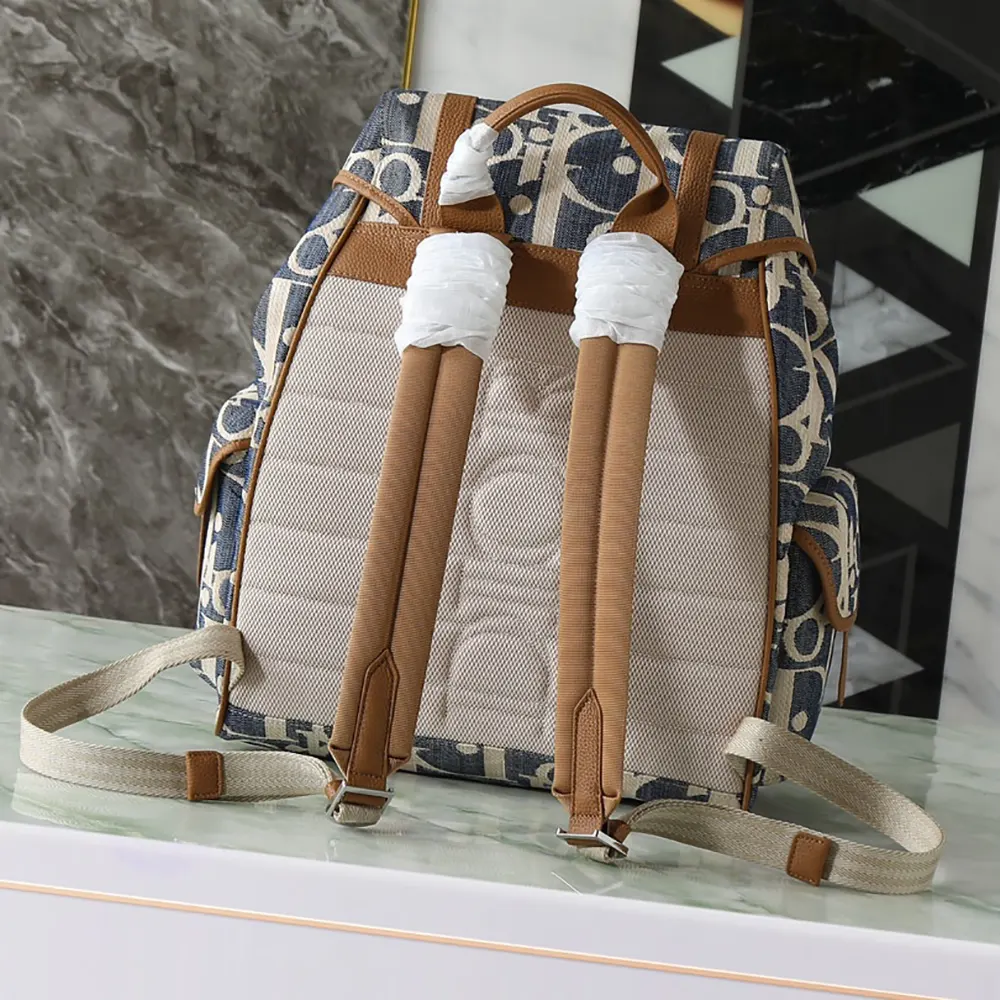 Dior Men Hit the Road Backpack with Flap Blue and Beige Raffia-Effect Dior Oblique Denim - image 4