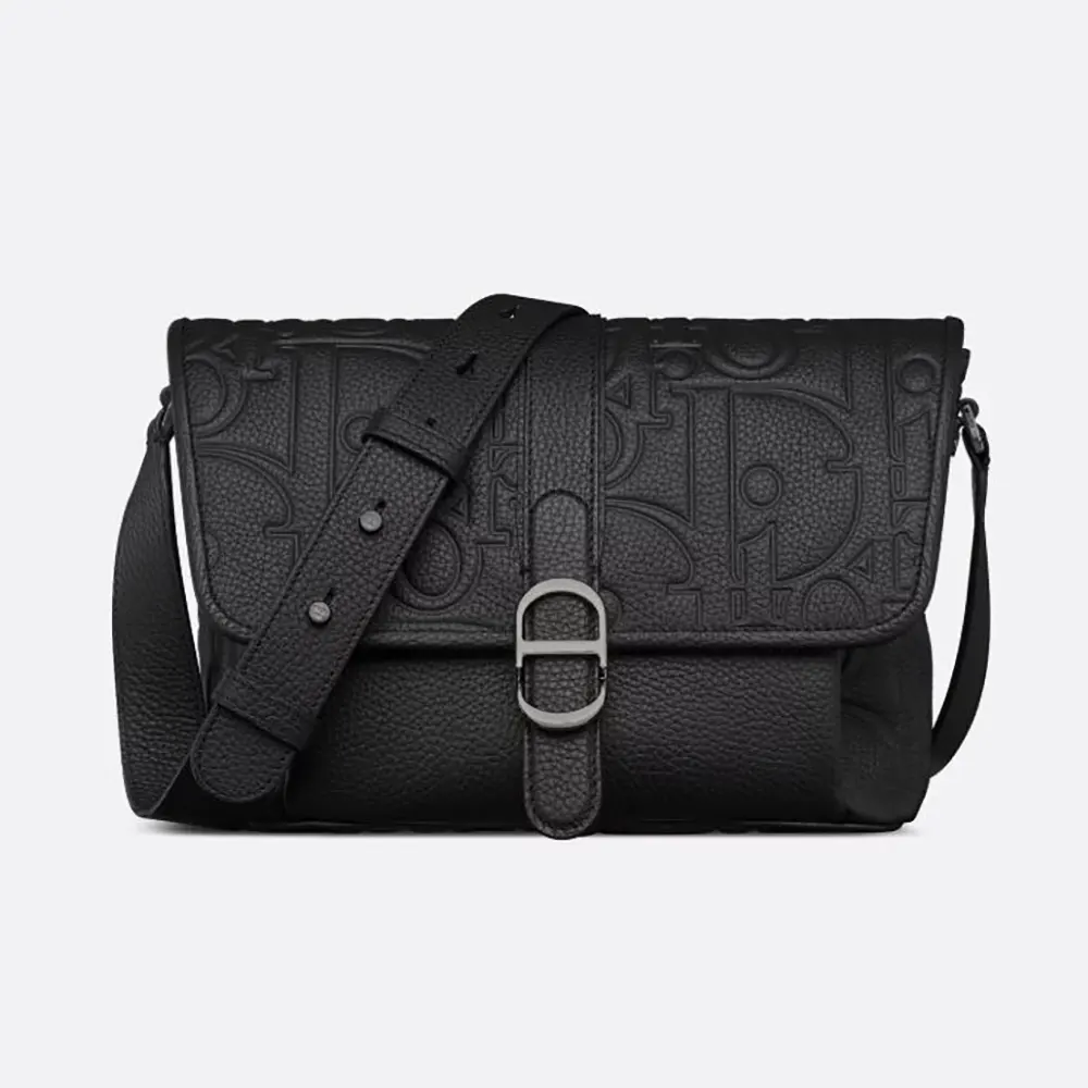 Front view of Dior Men Medium Dior Daily Messenger Bag in black leather