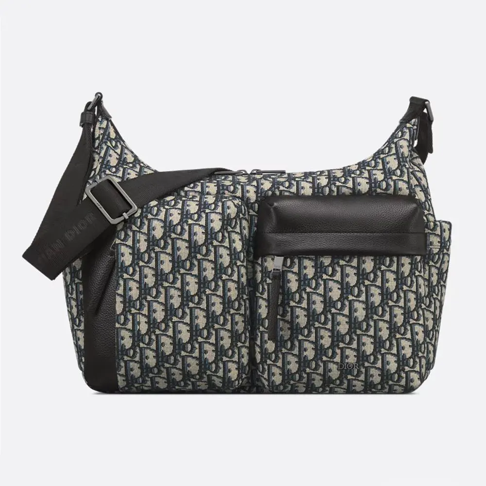 Front view of Dior Men Medium Rider Soft Hobo Bag Beige and Black jacquard