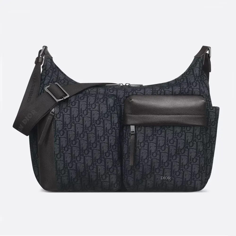 Front view of Dior Men Medium Rider Soft Hobo Bag in black jacquard