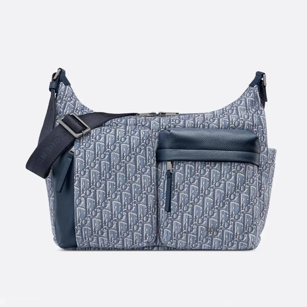 Front view of Dior Men Medium Rider Soft Hobo Bag with blue jacquard