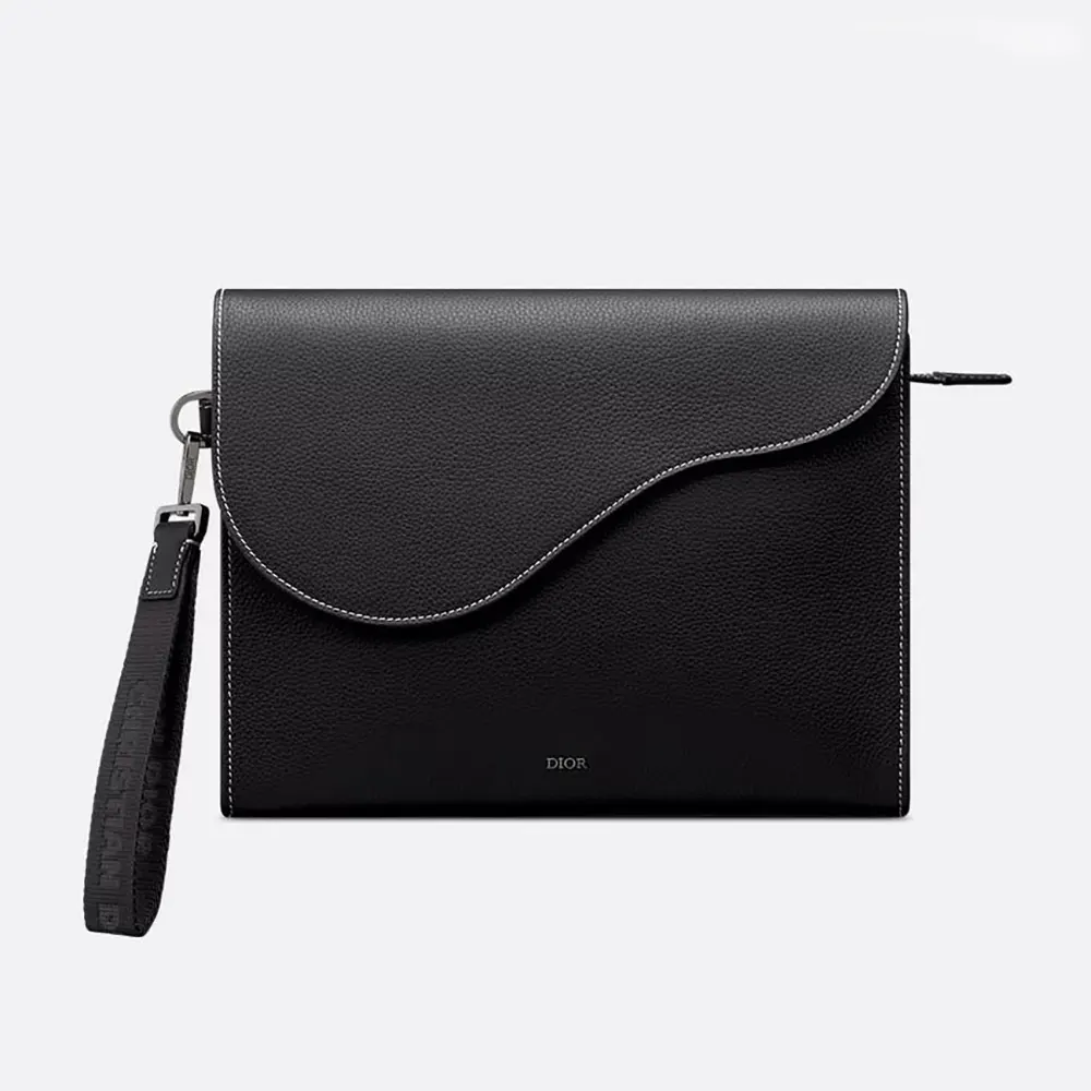 Front view of Dior Men Saddle A5 Triangle Pouch in black grained calfskin