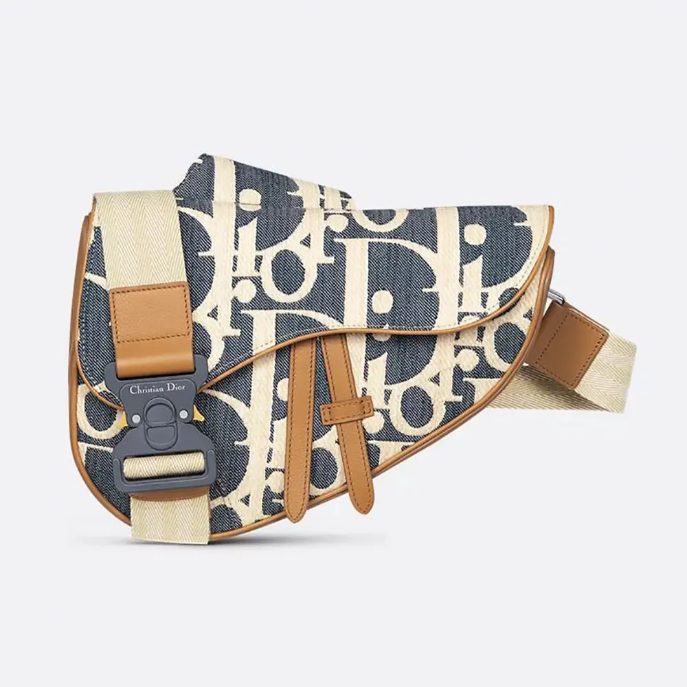 Front view of Dior Men Saddle Bag Blue and Beige Raffia-Effect Dior Oblique Denim