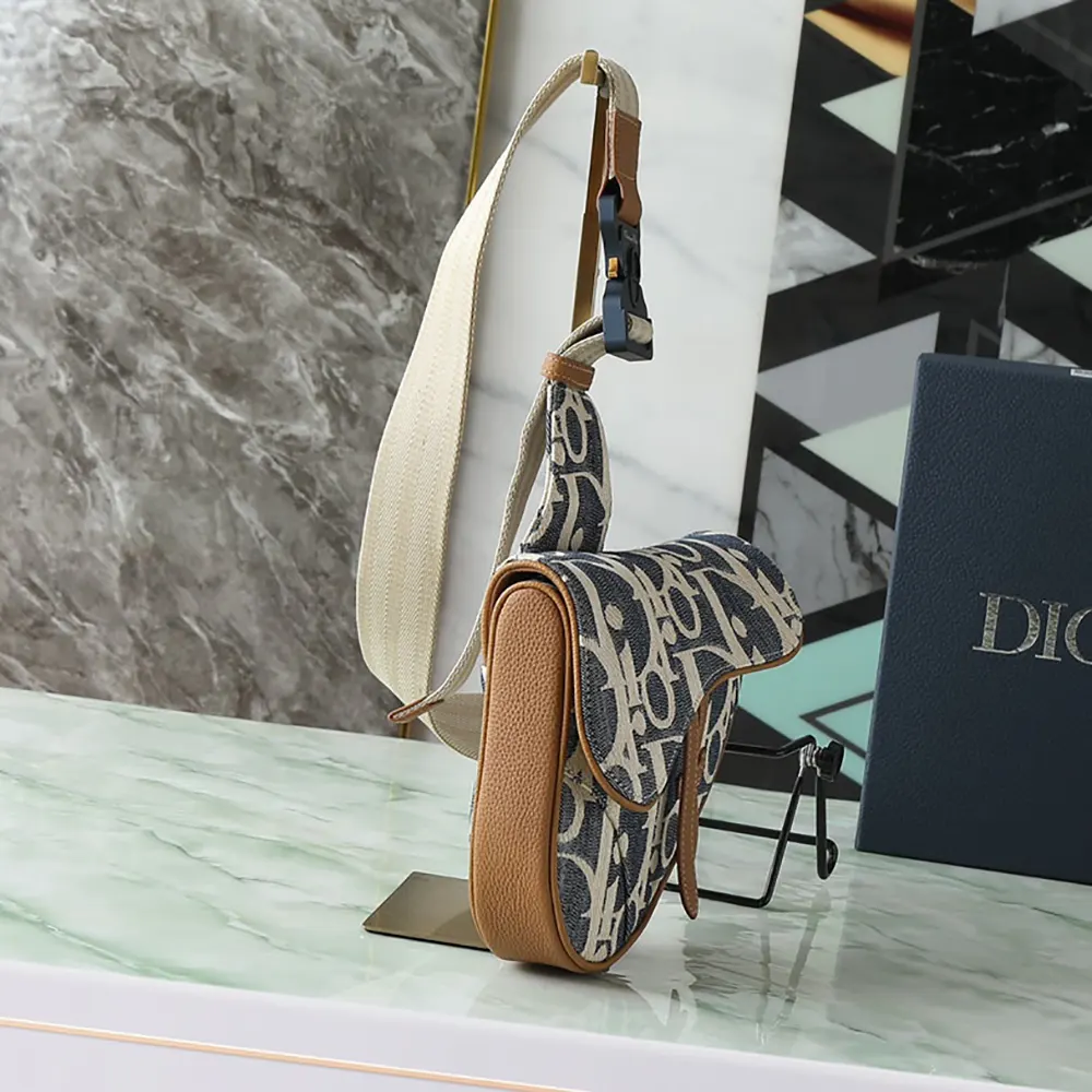 Dior Men Saddle Bag Blue and Beige Raffia-Effect Dior Oblique Denim - image 4