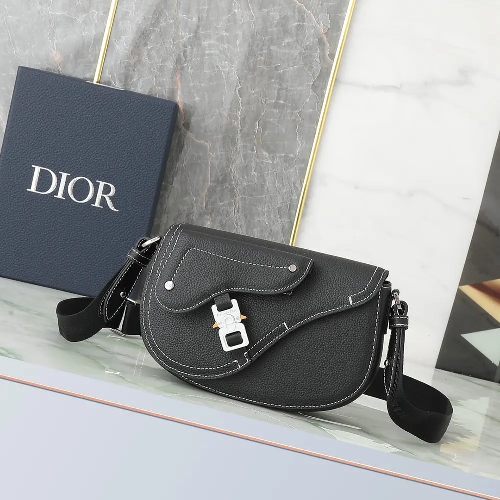 Close-up of grained calfskin texture on Dior Men Saddle Messenger Bag