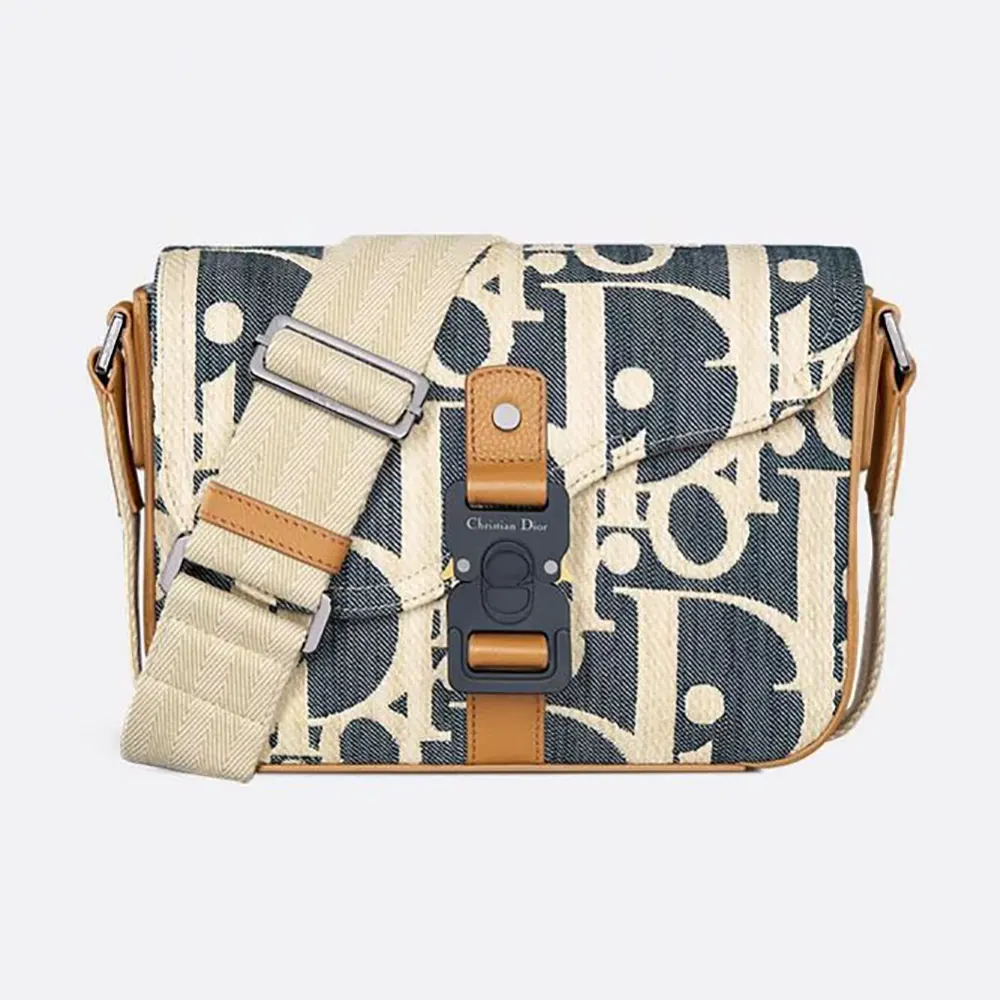 Front angle of Dior Men Saddle Messenger Bag Blue and Beige Raffia-Effect