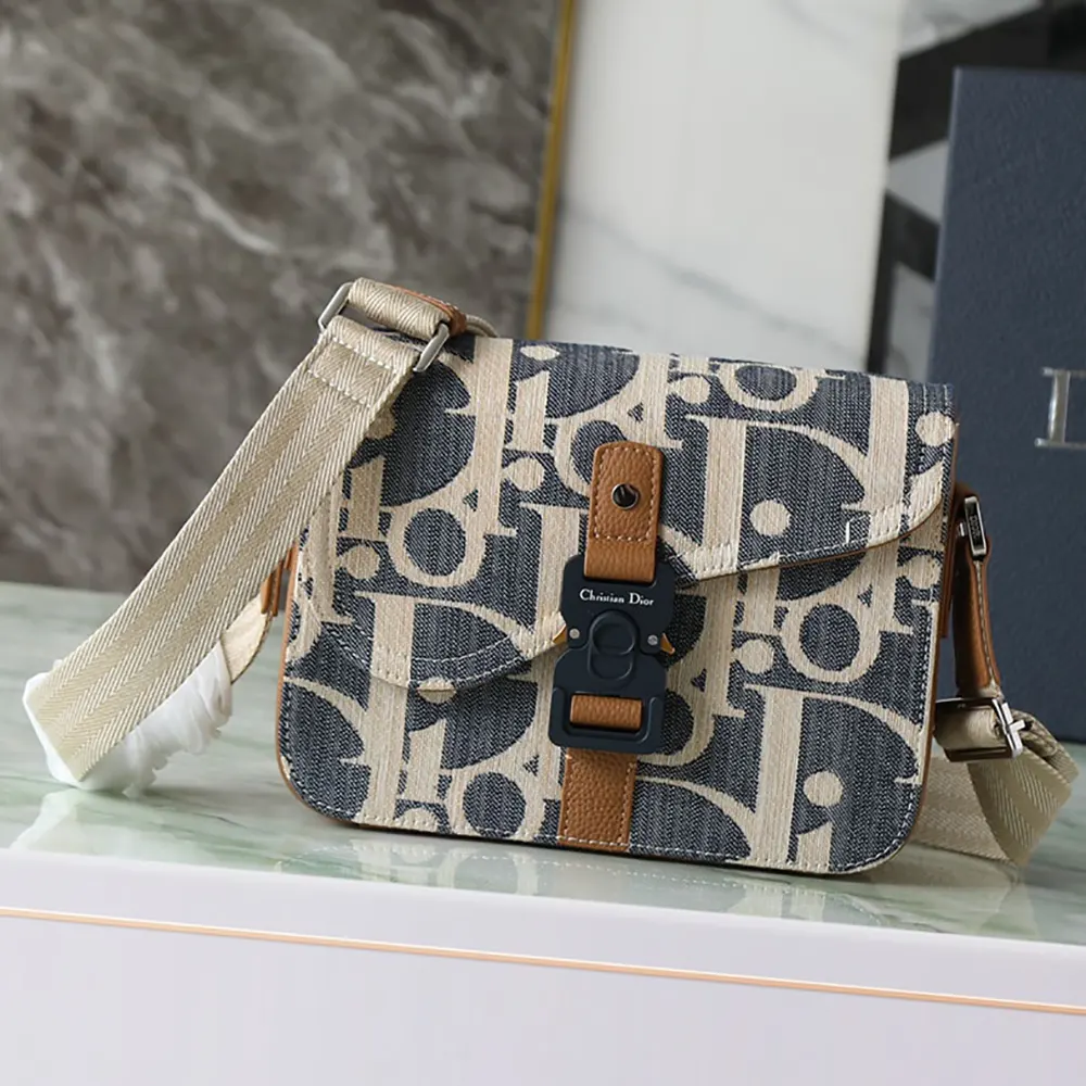 Close-up of antique gold hardware on Dior Men Saddle Messenger Bag