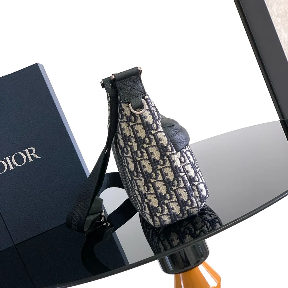 Dior Men Small Rider Soft Hobo Bag Beige and Black Dior Oblique Jacquard with Black Grained Calfskin - image 4