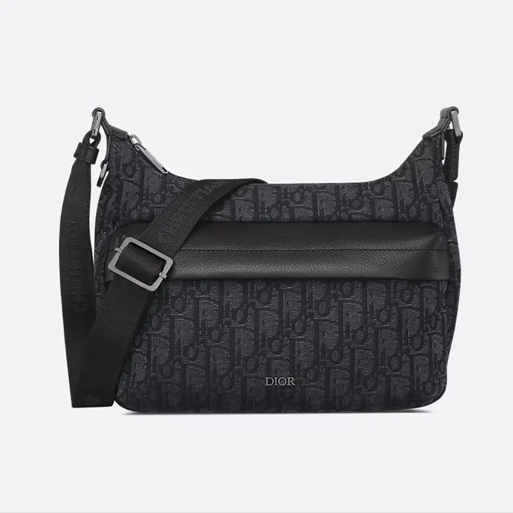 Front view of Dior Men Small Rider Soft Hobo Bag in black jacquard and calfskin