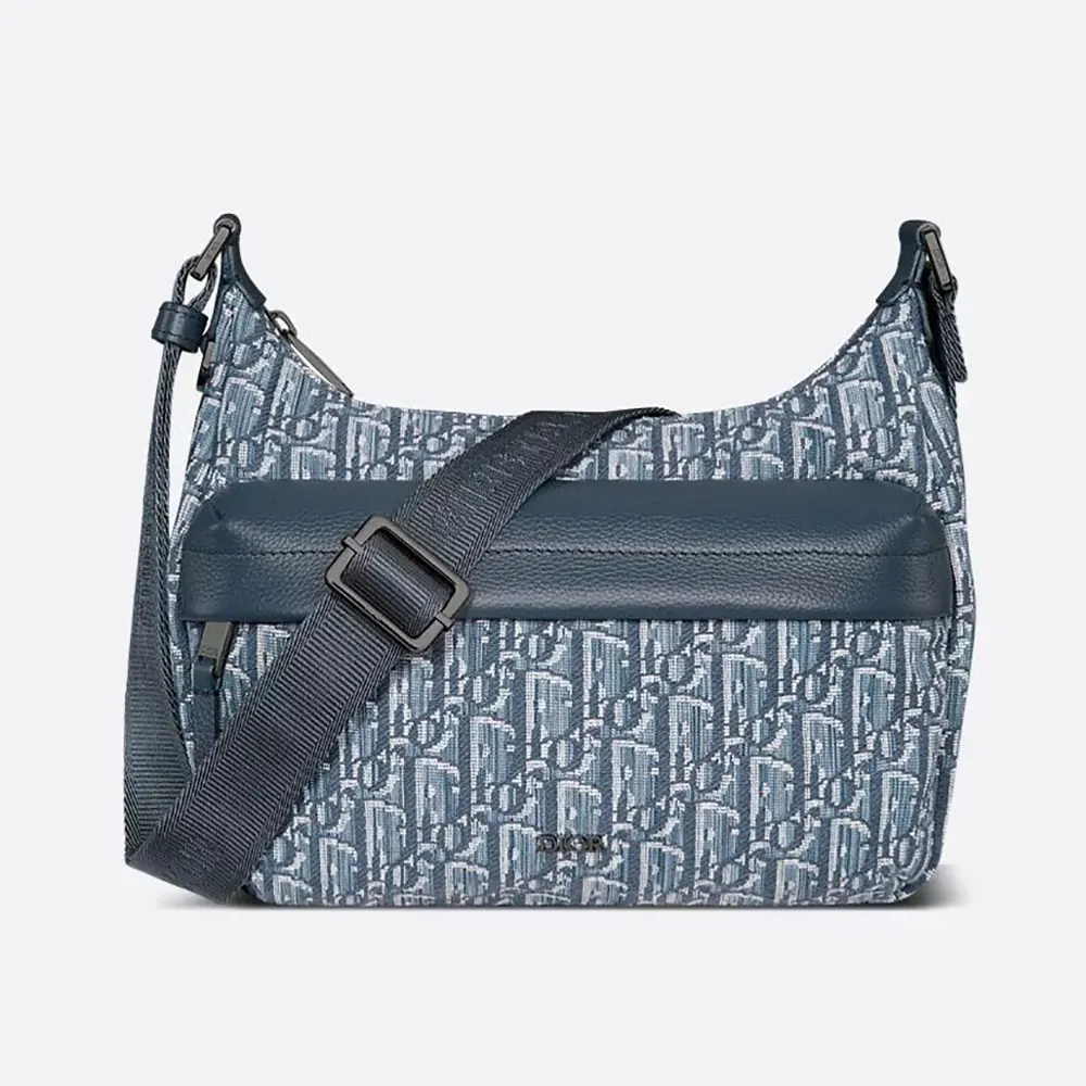 Front view of Dior Men Small Rider Soft Hobo Bag in blue jacquard