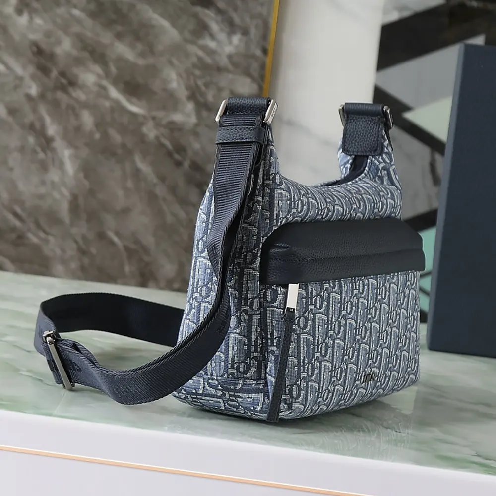 Dior Men Small Rider Soft Hobo Bag Blue Dior Oblique Jacquard and Blue Grained Calfskin - image 4