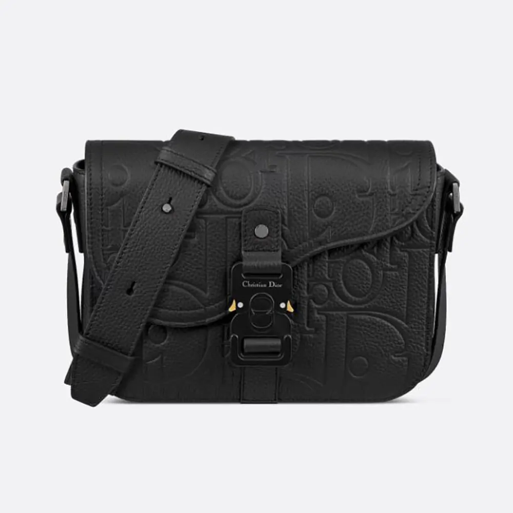 Front view of Dior Men Small Saddle Messenger Bag with Flap Black Dior Gravity Leather