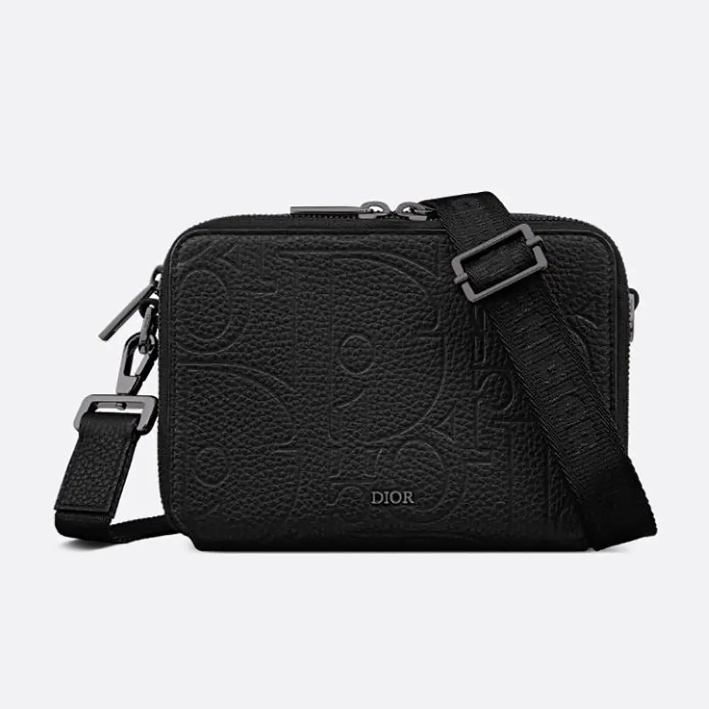 Front view of Dior Men Zipped Pouch with Strap Black Dior Gravity Leather