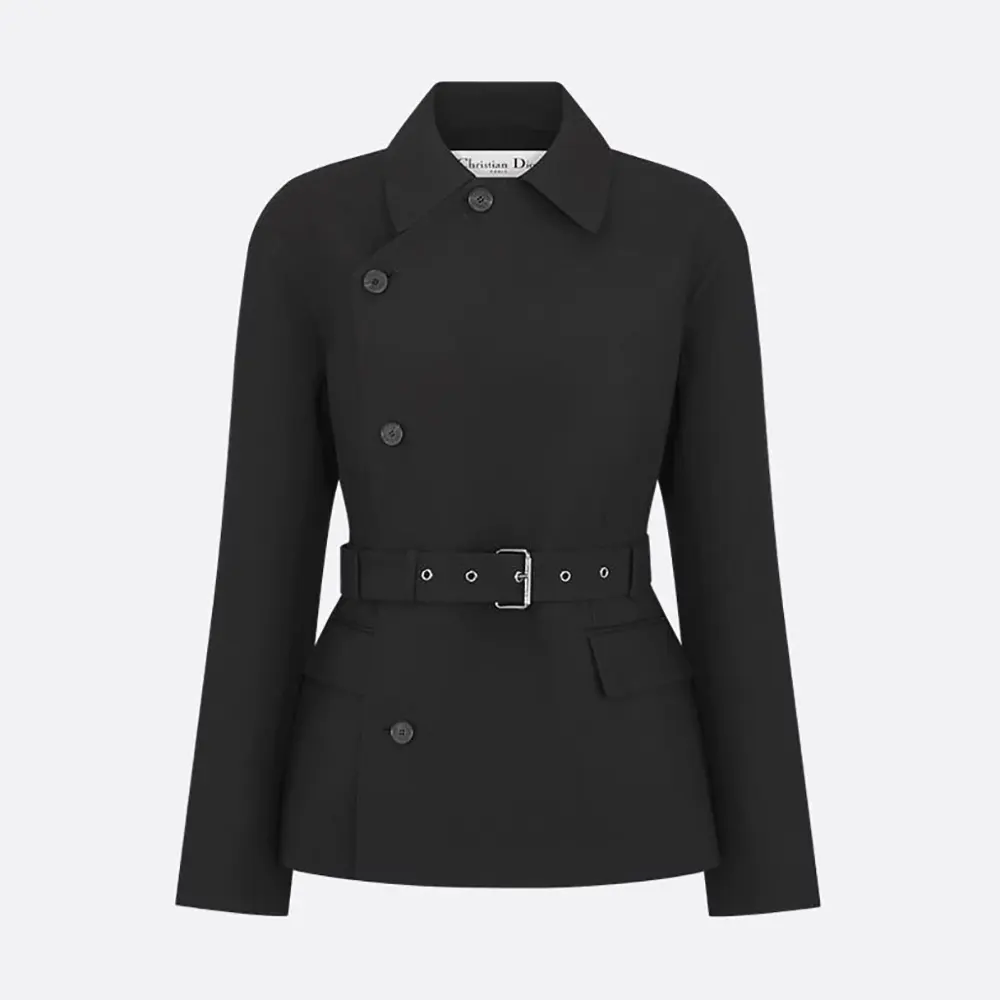 Front view of Dior Women Belted Jacket Black Virgin Wool and Silk Gabardine