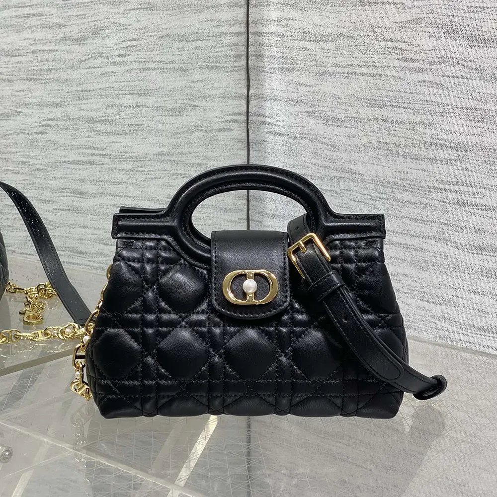 Close-up of Cannage quilting and silver-tone hardware on Dior Jolie Mini Bag