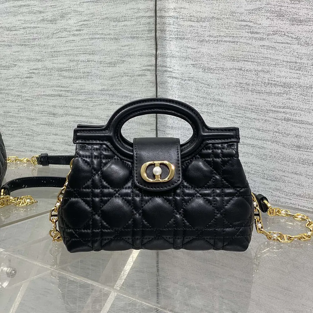 Side angle showing compact silhouette of Dior Women Dior Jolie Top Handle Mini Bag