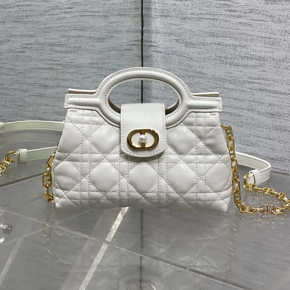 Close-up of white lambskin and gold hardware on Dior Jolie Mini Bag