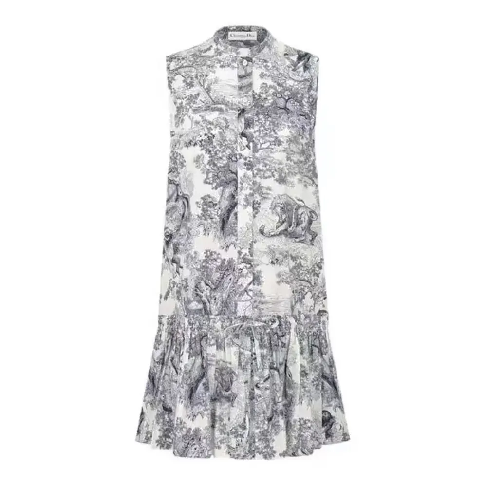 Front view of Dior Women Dioriviera Straight Ruffled Dress White Toile de Jouy Palms