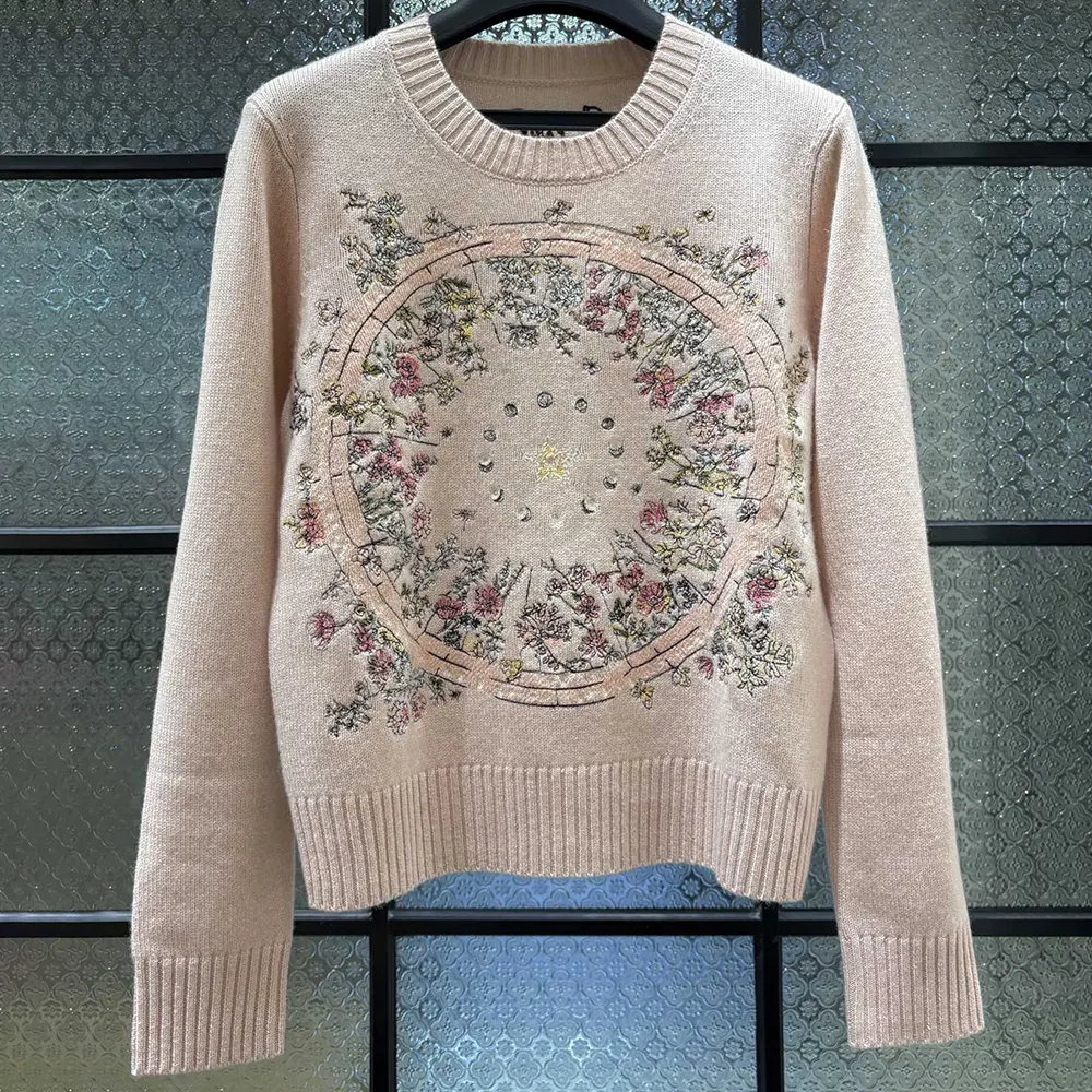 Close-up detail of pink Dior Astral flowers embroidery on sweater