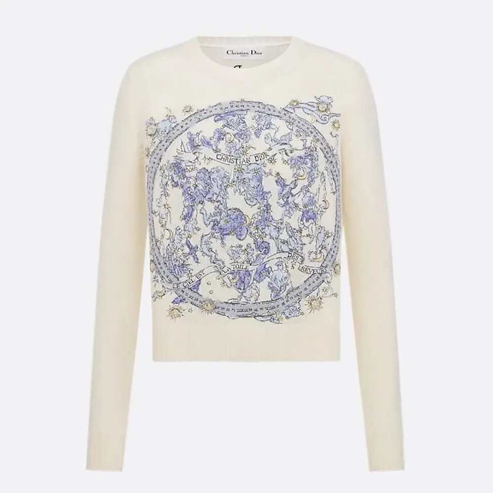 Front view of Dior Women Embroidered Sweater Ecru Cashmere Knit with blue motif