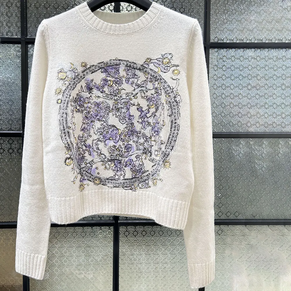 Close-up detail of blue Dior Night of Dreams embroidery on cashmere sweater