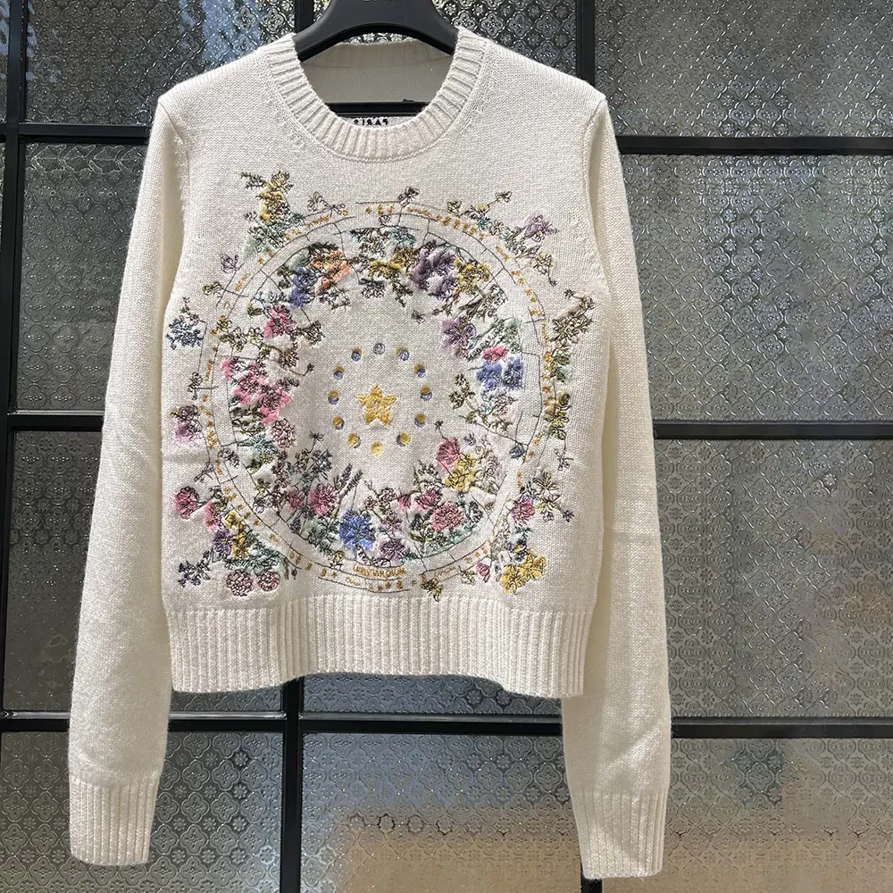 Close-up of multicolor Dior astral flowers motif embroidery detail