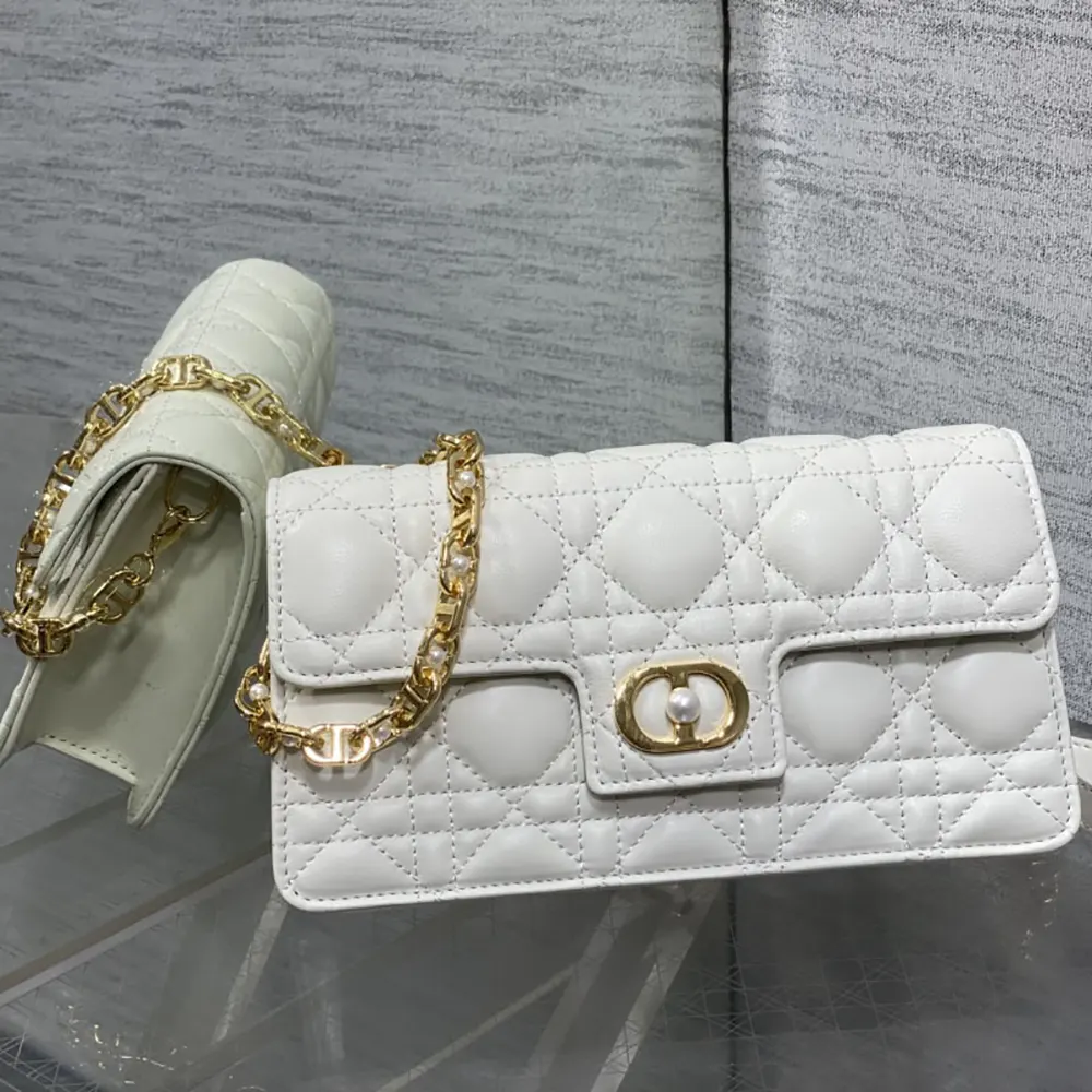 Side profile showing Dior Women Jolie Mini Bag Latte Cannage Lambskin quilted lambskin
