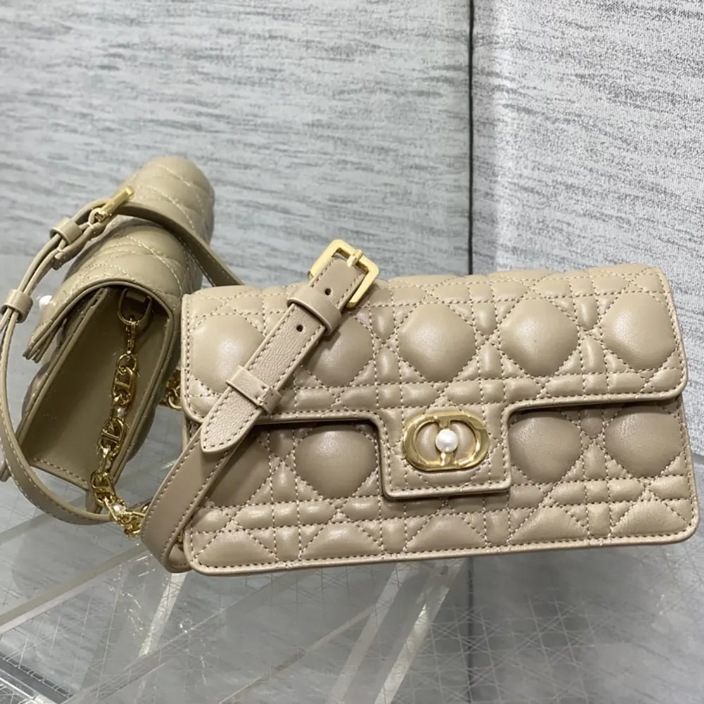 Close-up of Cannage stitching and silver ‘CD’ hardware on Dior Women Jolie Mini Bag