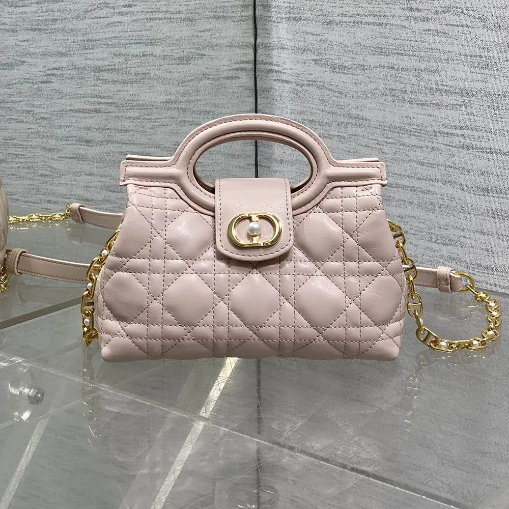 Close-up on Cannage stitching and silver hardware of Dior Women Jolie Mini Bag
