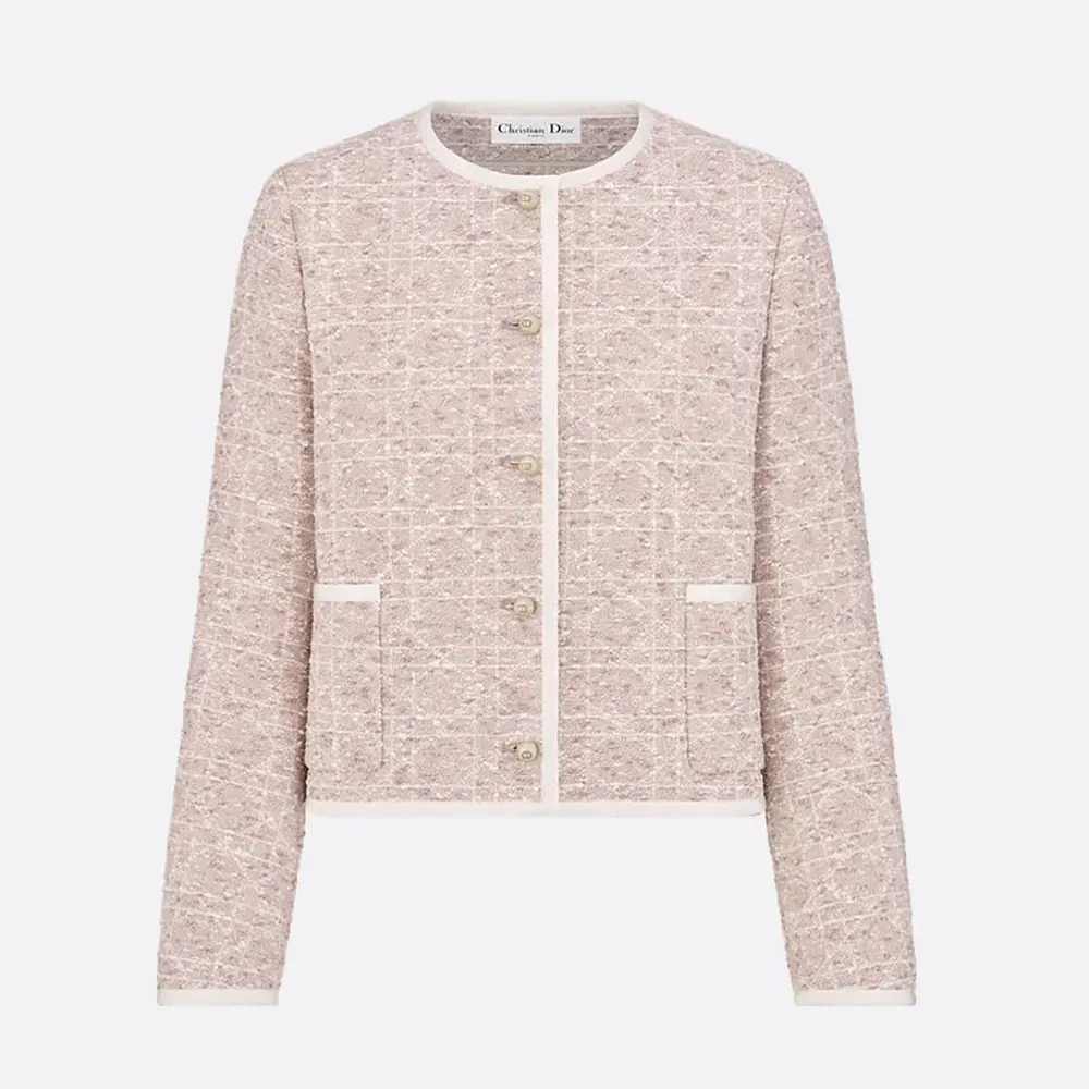 Front view of Dior Women Macrocannage Cropped Jacket Peach Blossom Pink Cotton-Blend Tweed