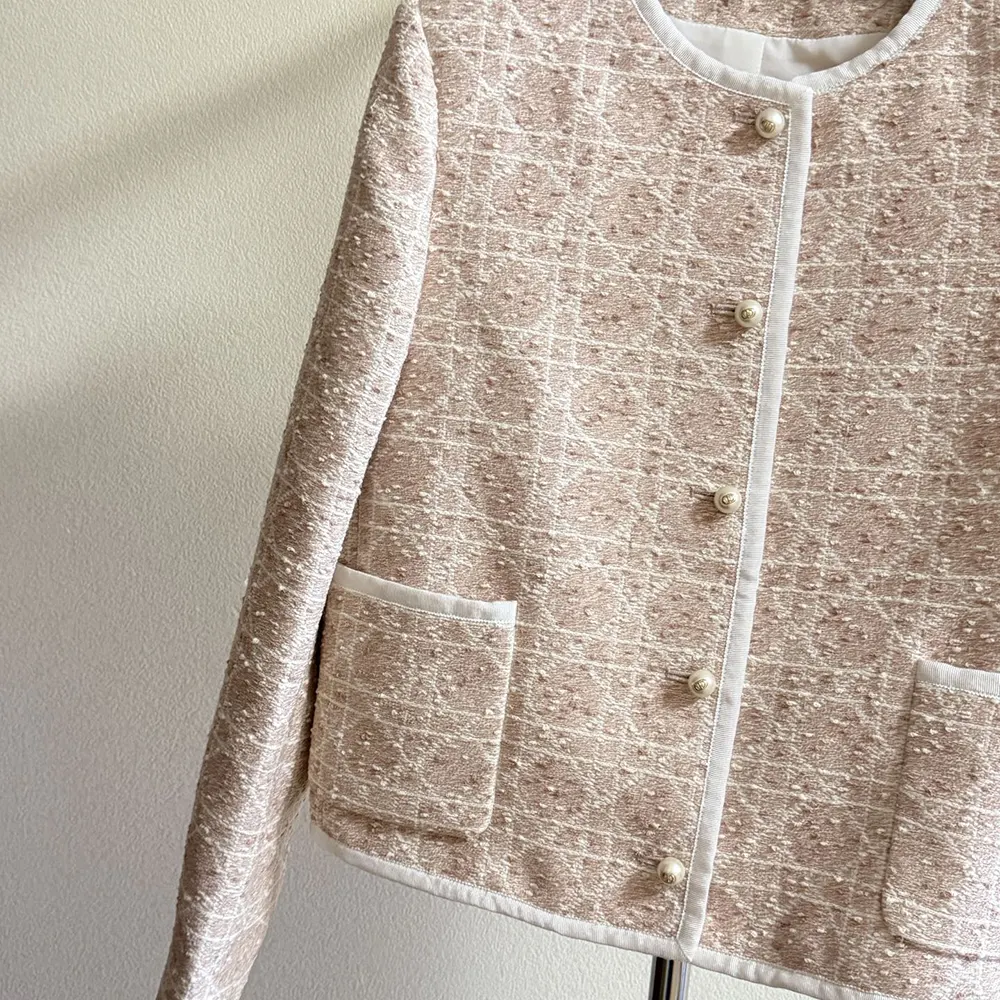 Dior Women Macrocannage Cropped Jacket Peach Blossom Pink Cotton-Blend Tweed - image 5