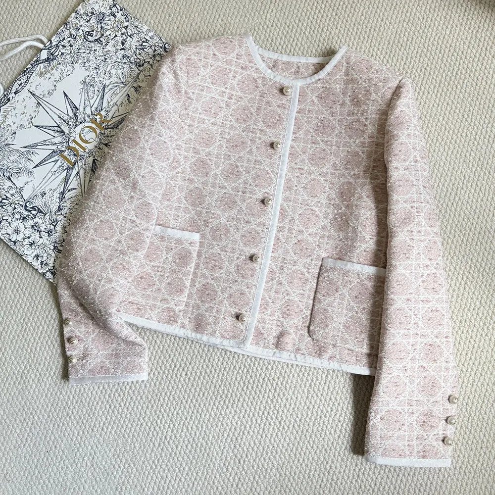 Dior Women Macrocannage Cropped Jacket Peach Blossom Pink Cotton-Blend Tweed - image 6