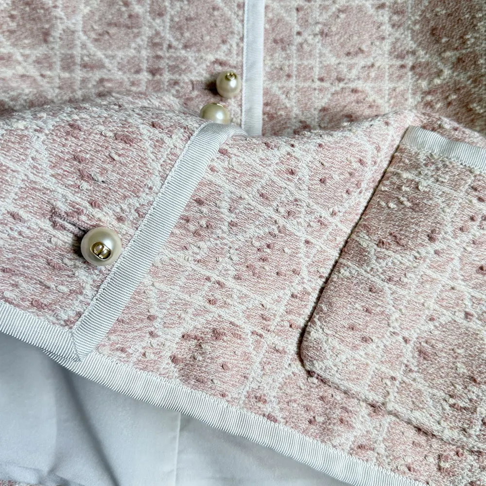 Dior Women Macrocannage Cropped Jacket Peach Blossom Pink Cotton-Blend Tweed - image 7