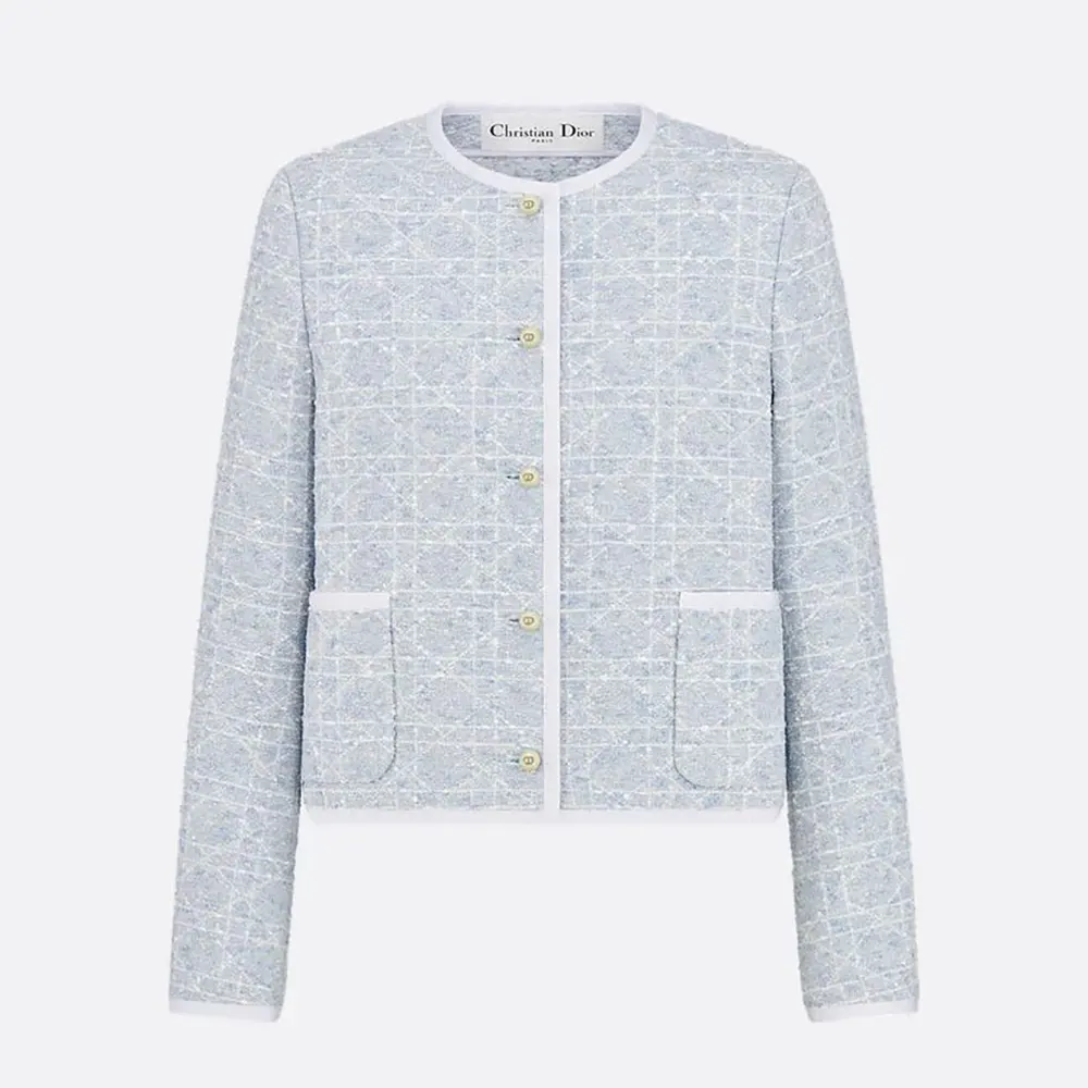 Front view of Dior Women Macrocannage Cropped Jacket Sky Blue Cotton-Blend Tweed