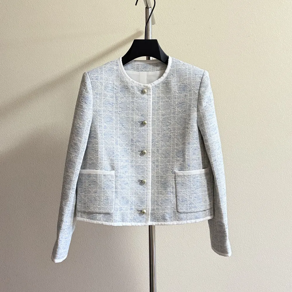 Close-up of macrocannage stitching on Dior Women Macrocannage Cropped Jacket sky blue tweed