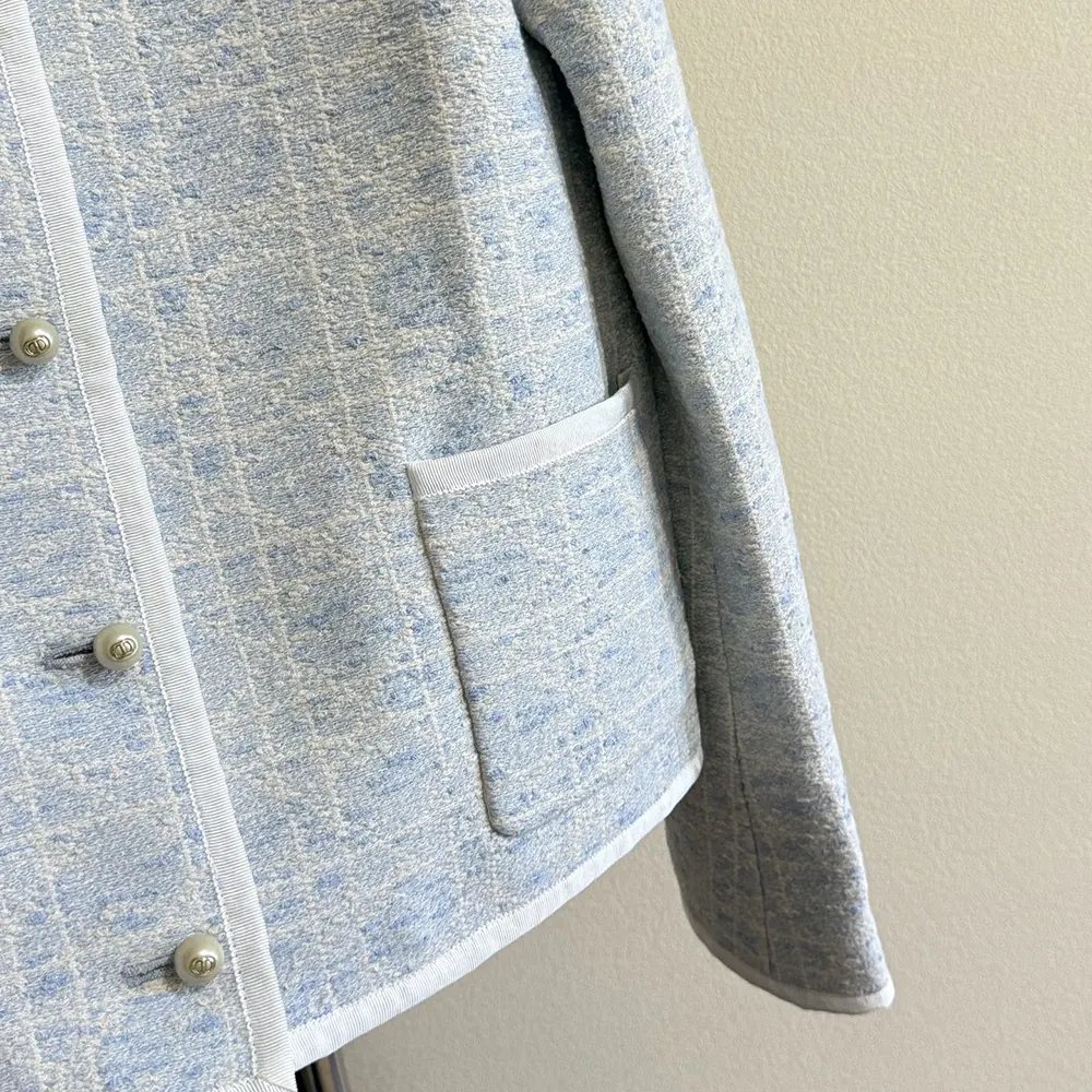 Dior Women Macrocannage Cropped Jacket Sky Blue Cotton-Blend Tweed - image 7