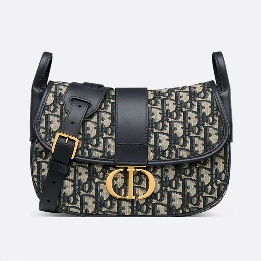 Front view of Dior Women Medium 30 Montaigne Satchel Bag Blue Dior Oblique Jacquard