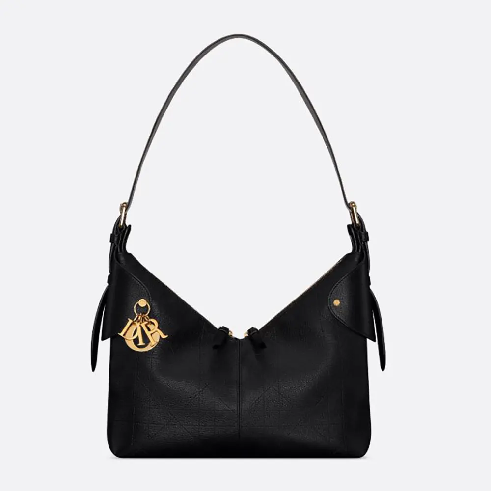 Front view of Dior Women Medium Dior Voyage Bag Black Flat Macrocannage
