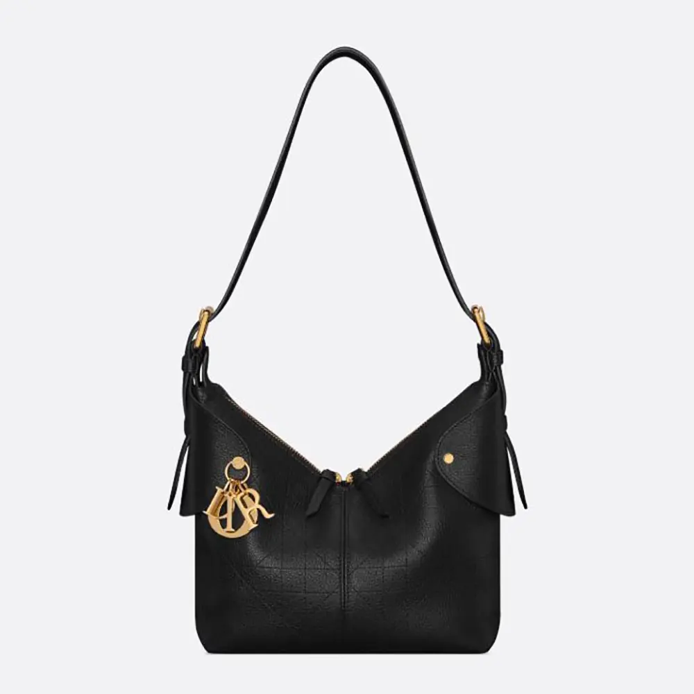 Front view of Dior Women Small Dior Voyage Bag Black Flat Macrocannage