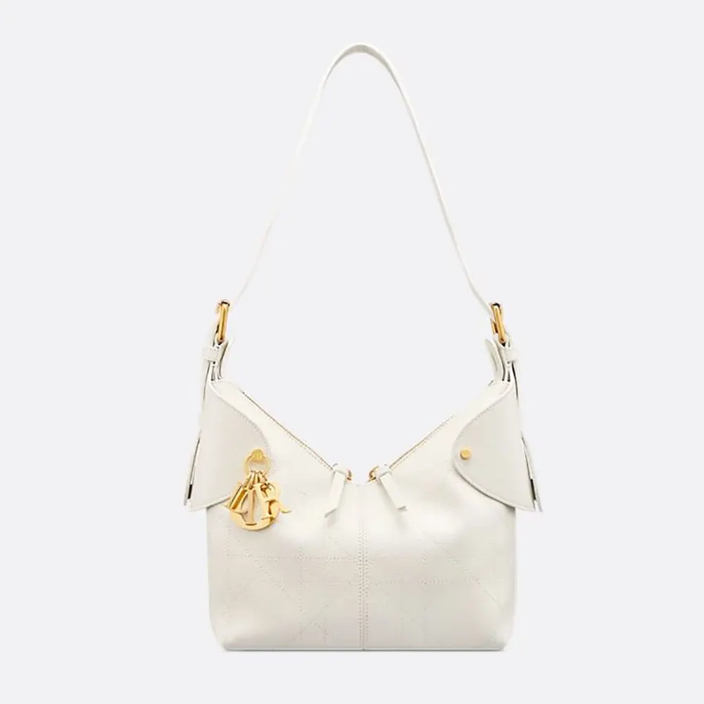 Front view of Dior Women Small Dior Voyage Bag Latte Flat Macrocannage Grained Calfskin