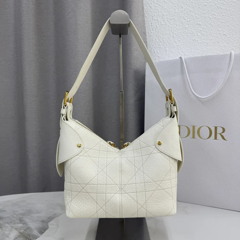 Side angle showing silver hardware on Dior Women Small Dior Voyage Bag