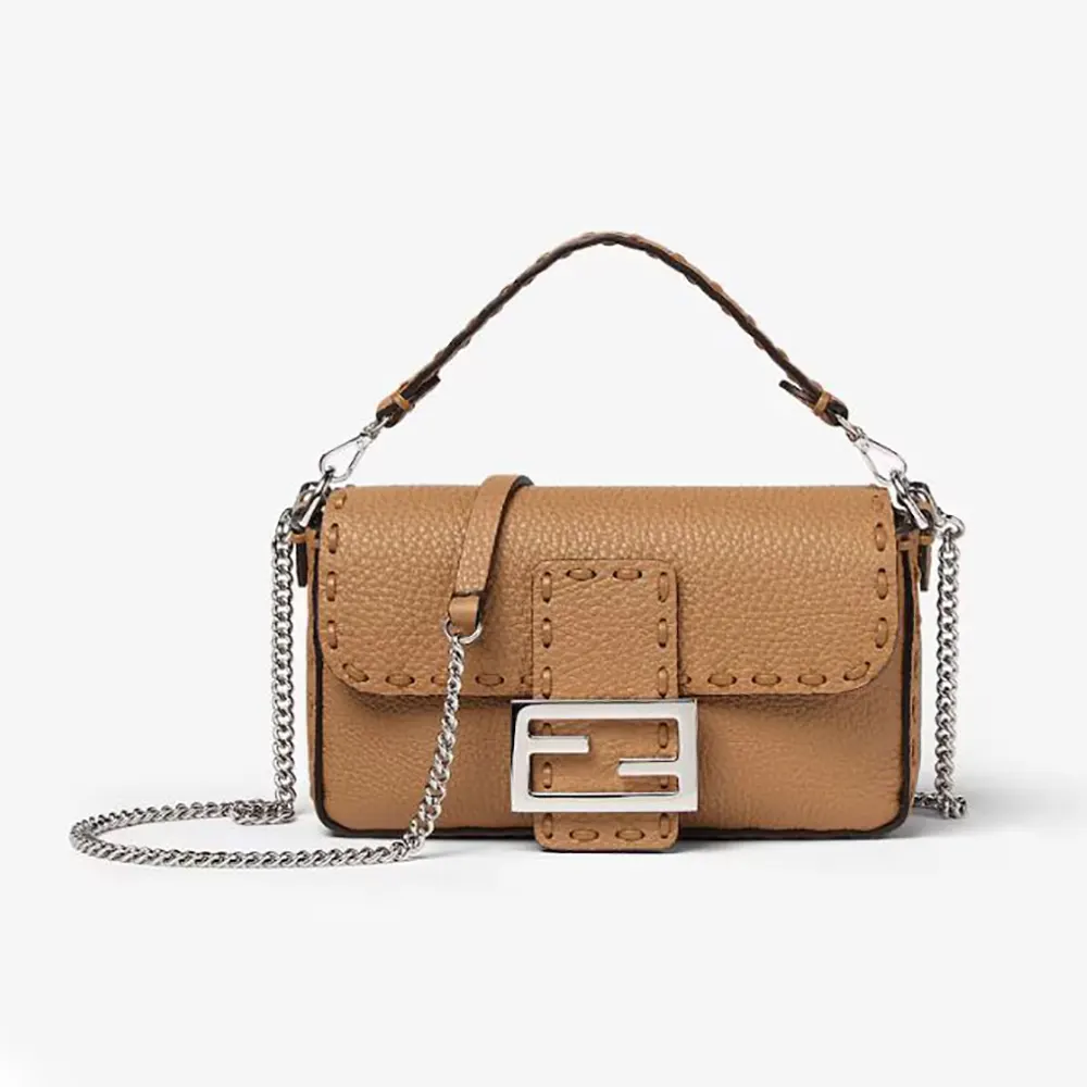 Front view of Fendi Women Baguette® Mini Cappuccino-colored Selleria Bag